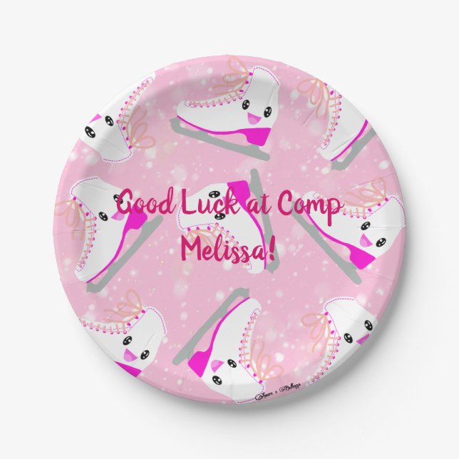 Personalised Text Ice Skating Pattern Pink Kawaii Paper Plate (Front)