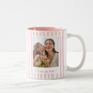 Personalised Text Photo Pink Stripes Coquette Two-Tone Coffee Mug