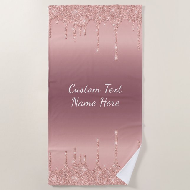 Personalised Text Rose Gold Glitter Beach Towel (Front)