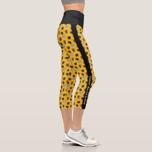 Personalised Text Sunflower Floral Black Stripe Capri Leggings
