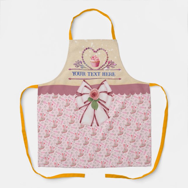 Personalised Text, Watercolor Heart and Cupcake Apron (Front)