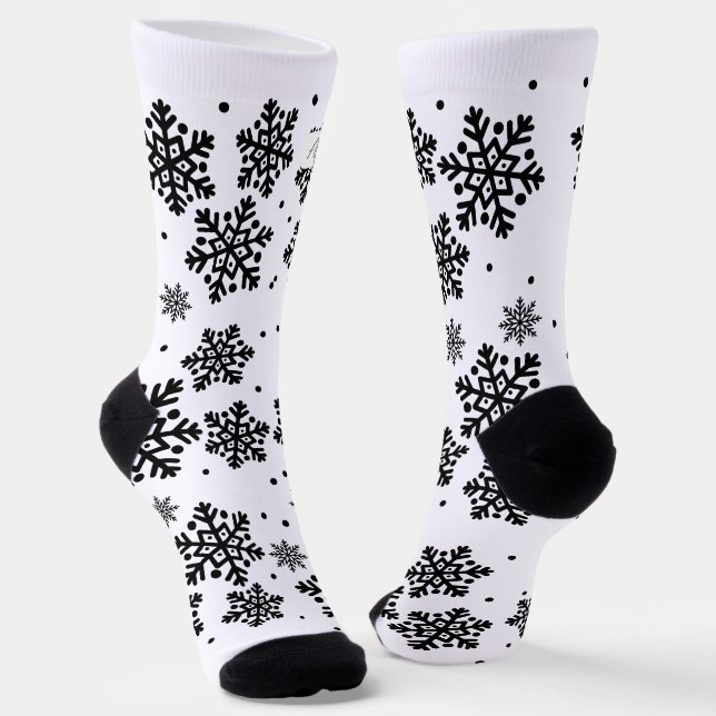 Personalised Text White & black Snowflake pattern  Socks (Angled)