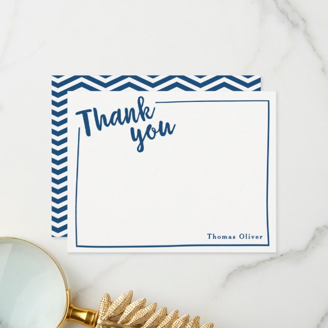 Personalised Thank You Flat Note, Navy Blue Script Card (Front/Back In Situ)