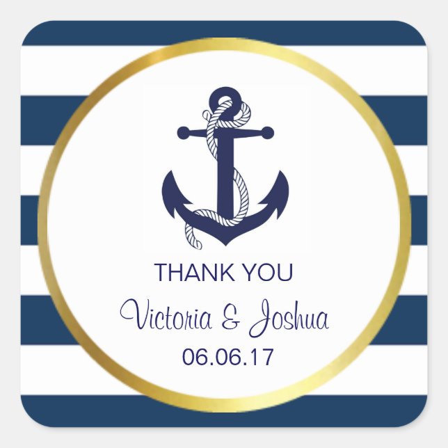 Personalised Thank You Nautical Navy Gold Wedding Square Sticker (Front)