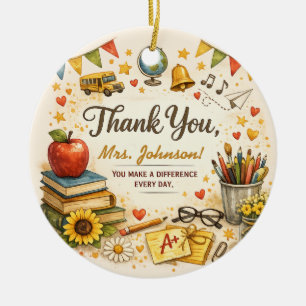 Personalised Thank You Teacher Watercolor Gift Ceramic Tree Decoration