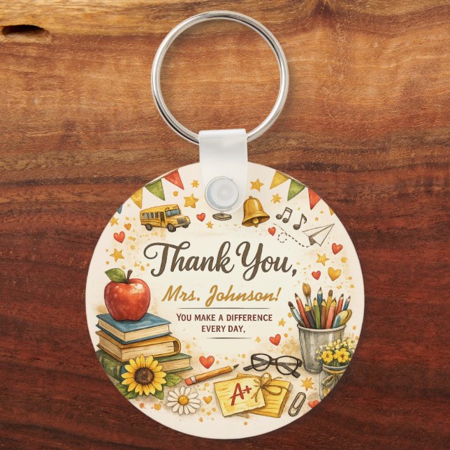  Personalised Thank You Teacher Watercolor Gift Key Ring (Front)