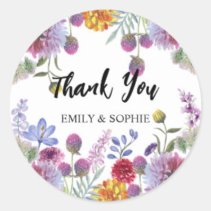 Personalised Thank You Watercolor Flowers Classic Round Sticker