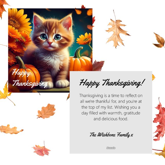 Personalised Thanksgiving | Orange Cat & Pumpkin Holiday Card (Happy Thanksgiving Ginger Kitten pumpkins sunflower autumn leaves greeting card cute cat feline)