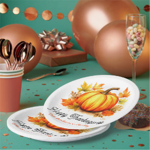 Personalised Thanksgiving Pumpkin & Fall Leaves Paper Plate
