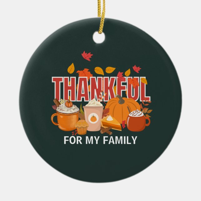 Personalised Thanksgiving Pumpkin THANKFUL Family Ceramic Tree Decoration (Front)