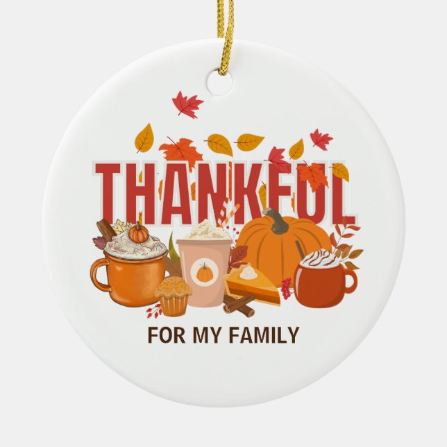 Personalised Thanksgiving Pumpkin THANKFUL Family Ceramic Tree Decoration (Front)