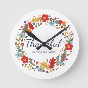 Personalised Thanksgiving Thankful Fall  Round Clock