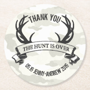 Personalised "The Hunt is Over" Rustic Wedding Round Paper Coaster