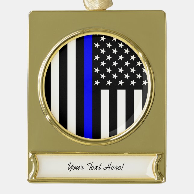 Personalised Thin Blue Line American Flag Gold Plated Banner Ornament (Front)