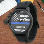 Personalised Thin Blue Line American Flag Police Watch<br><div class="desc">Thin Blue Line Police Watch - American flag design in Police Flag colours, distressed design . Lovely gift to your favourite police or law enforcement officer. Great police retirement gift or appreciation gift. Personalise with name. COPYRIGHT © 2020 Judy Burrows, Black Dog Art - All Rights Reserved. Personalised Thin Blue...</div>
