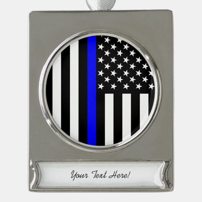 Personalised Thin Blue Line American Flag Silver Plated Banner Ornament (Front)