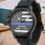Personalised Thin Blue Line Badge Number Police Watch<br><div class="desc">Celebrate and show your appreciation to an outstanding Police Officer with this Thin Blue Line Police Watch - American flag design in Police Flag colours, distressed design . Perfect for service awards and Police Graduation gifts or police retirement gifts. Personalise with badge number. COPYRIGHT © 2020 Judy Burrows, Black Dog...</div>