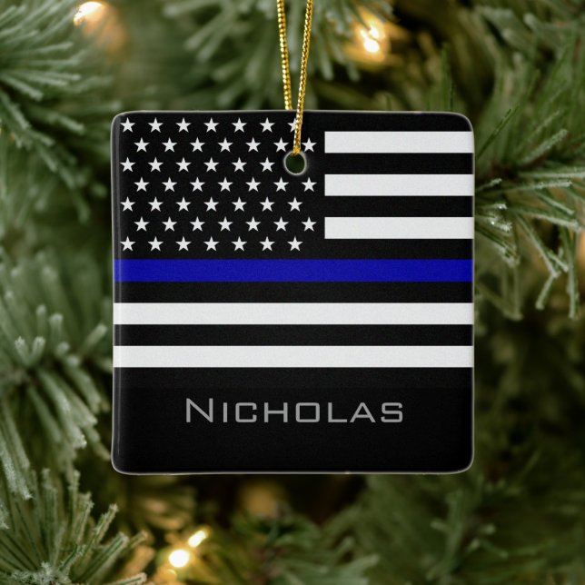 Personalised Thin Blue Line Flag Ceramic Ornament (Tree)