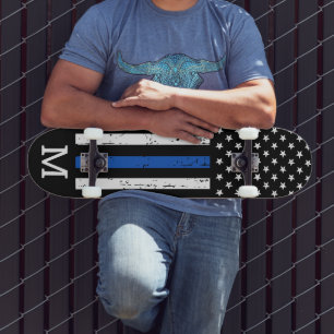 Personalised Thin Blue Line Flag Monogram Police Skateboard