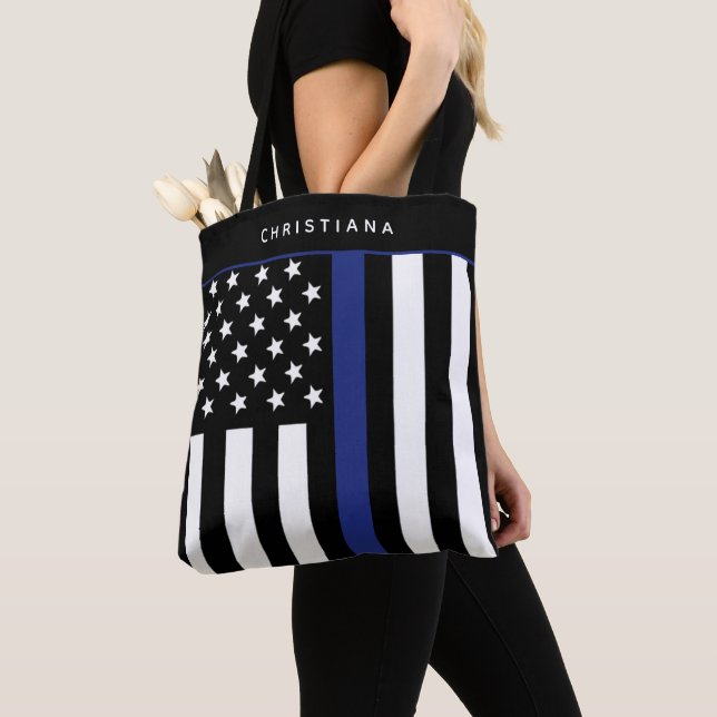 Personalised Thin Blue Line Flag Police Officer Tote Bag (Close Up)