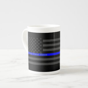 Personalised Thin Blue Line Grey US Flag Graphic Bone China Mug