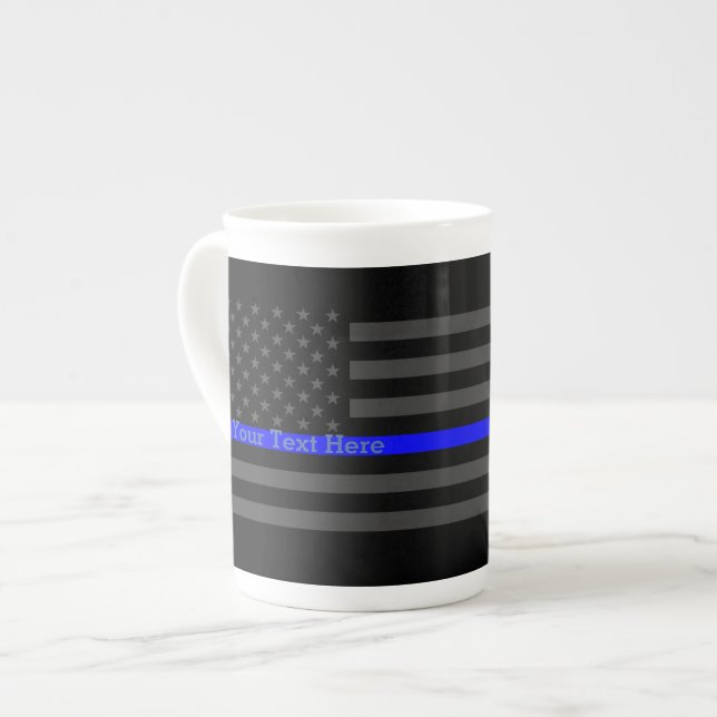 Personalised Thin Blue Line Grey US Flag Graphic Bone China Mug (Front Left)
