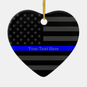 Personalised Thin Blue Line Grey US Flag Your Text Ceramic Tree Decoration