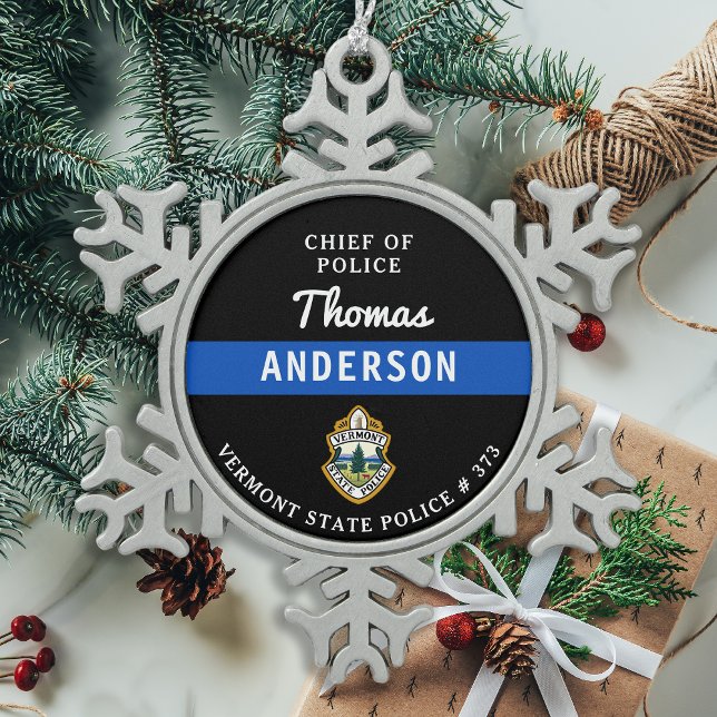 Personalised Thin Blue Line Logo Police Officer Snowflake Pewter Christmas Ornament (Creator Uploaded)