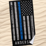 Personalised Thin Blue Line Police Beach Towel<br><div class="desc">Thin Blue Line Beach Towel - American flag in Police Flag colours, distressed design . Personalise with police family or officers name. This personalised police beach towel is perfect for police and law enforcement families and all those who support them . COPYRIGHT © 2020 Judy Burrows, Black Dog Art -...</div>