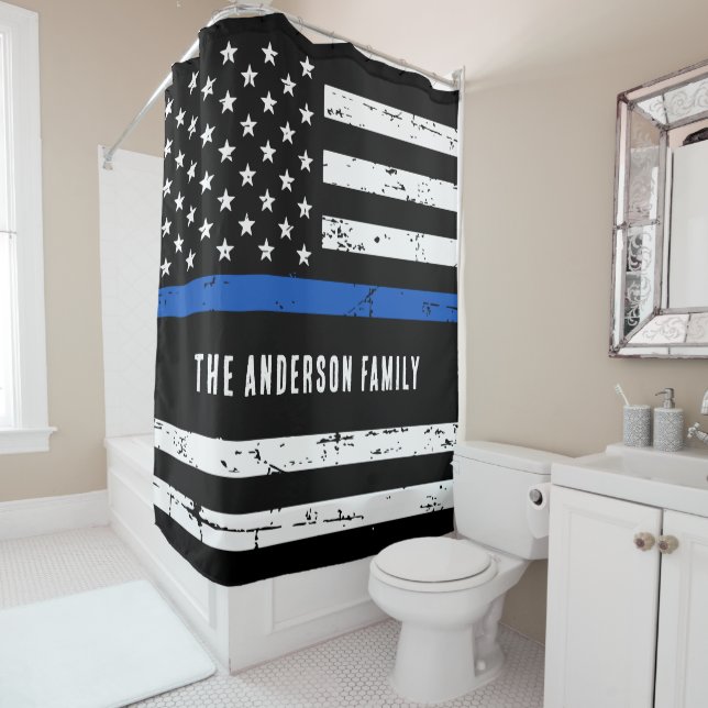 Personalised Thin Blue Line Police Flag Shower Curtain (In Situ)