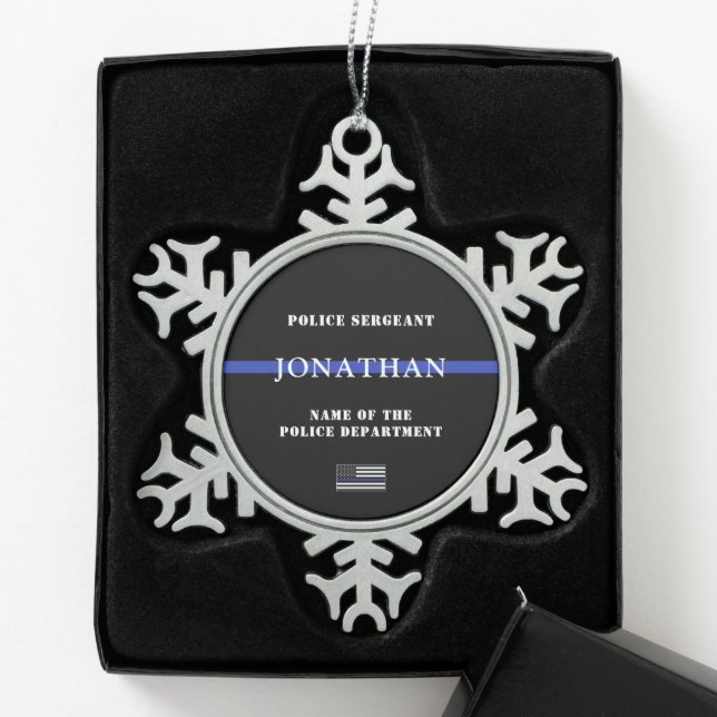 Personalised Thin Blue Line Police Officer Cop Snowflake Pewter Christmas Ornament (Box)