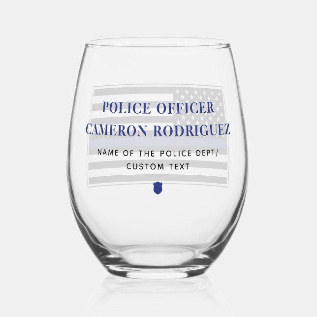 Personalised Thin Blue Line Police Officer Flag Stemless Wine Glass (Back)