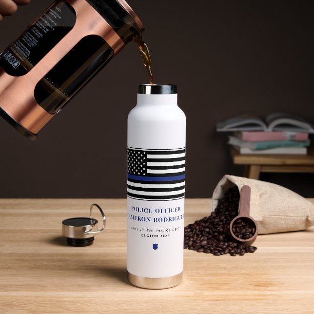 Personalised Thin Blue Line Police Officer Flag Water Bottle (Coffee)