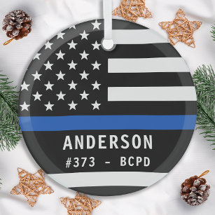 Personalised Thin Blue Line Police Officer Glass Tree Decoration