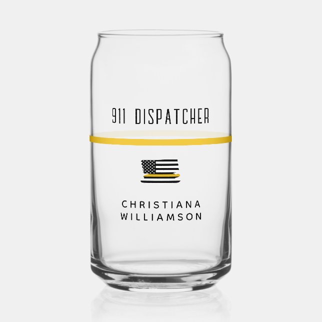 Personalised Thin Gold Line Flag 911 Dispatcher  Can Glass (Front)