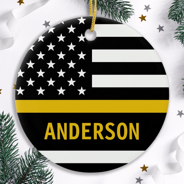 Personalised Thin Gold Line Flag 911 Dispatcher Ceramic Tree Decoration (Creator Uploaded)