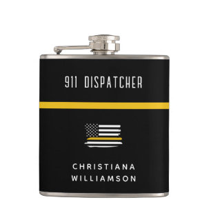 Personalised Thin Gold Line Flag 911 Dispatcher  Hip Flask