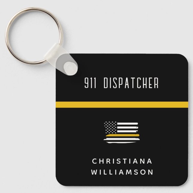 Personalised Thin Gold Line Flag 911 Dispatcher  Key Ring (Front)