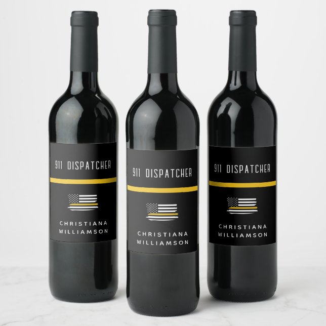 Personalised Thin Gold Line Flag 911 Dispatcher  Wine Label (Bottles)