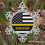 Personalised Thin Gold Line Flag US 911 Dispatcher Snowflake Pewter Christmas Ornament<br><div class="desc">Thin Gold Line Ornament for 911 dispatchers and police dispatchers. Personalise this dispatcher ornament with name and year. This personalised dispatcher gift is perfect for police dispatcher appreciation, 911 dispatcher thank you gifts, and dispatcher retirement gifts or party favours. Order these dispatchers christmas ornaments bulk wholesale for the police department...</div>