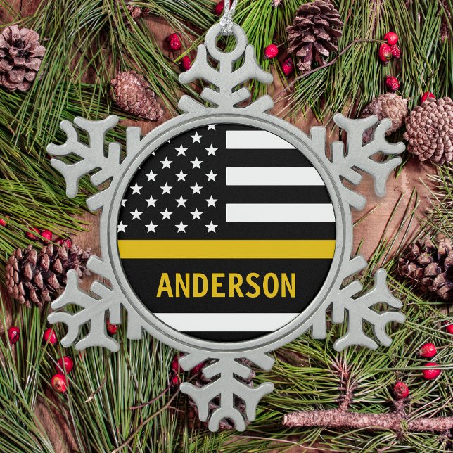 Personalised Thin Gold Line Flag US 911 Dispatcher Snowflake Pewter Christmas Ornament (Creator Uploaded)