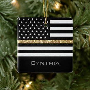 Personalised Thin Gold Line Glitter Flag Ceramic Ornament