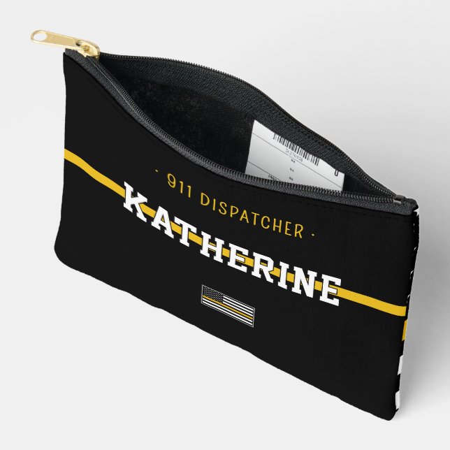 Personalised Thin Gold Line US Flag 911 Dispatcher Accessory Pouch (Open)