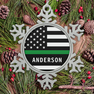 Personalised Thin Green Line A Military Christmas Snowflake Pewter Christmas Ornament