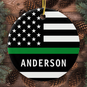 Personalised Thin Green Line Military Christmas Ceramic Tree Decoration