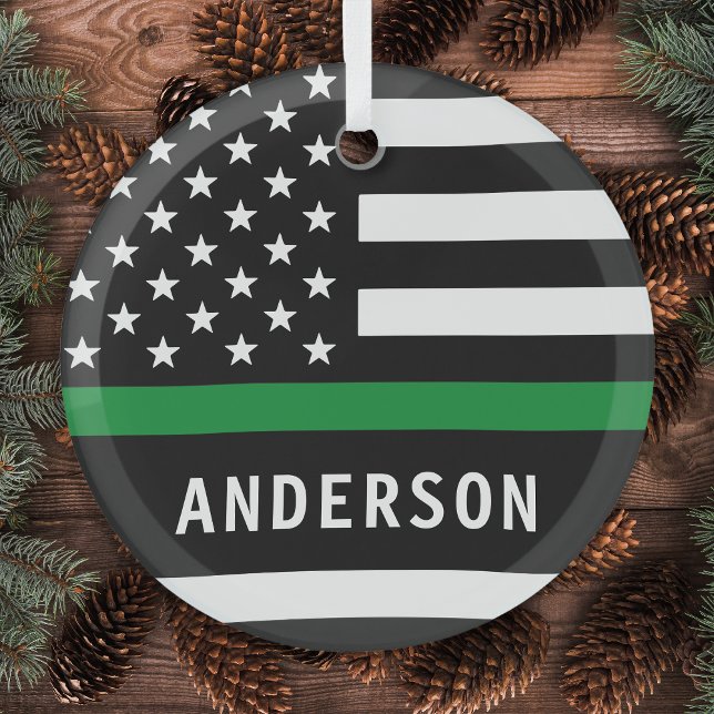 Personalised Thin Green Line Military Christmas Glass Tree Decoration (Creator Uploaded)