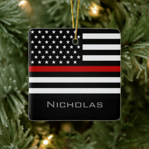 Personalised Thin Red Line Flag Ceramic Ornament