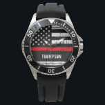 Personalised Thin Red Line Flag Firefighter Watch<br><div class="desc">Thin Red Line Firefighter Watch - American flag design in Firefighter Flag colours, distressed design . Lovely gift to your favourite firefighter or fireman. Great firefighter retirement gift or appreciation gift. Personalise with name. COPYRIGHT © 2020 Judy Burrows, Black Dog Art - All Rights Reserved. Personalised Thin Red Line Flag...</div>