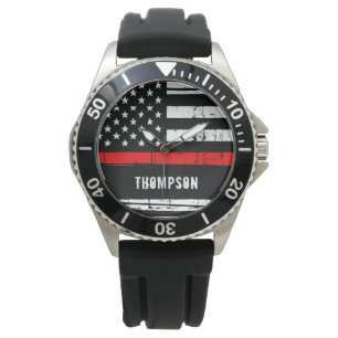 Personalised Thin Red Line Flag Firefighter Watch