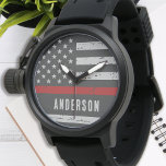 Personalised Thin Red Line Flag Firefighter Watch<br><div class="desc">Celebrate and show your appreciation to an outstanding Firefighter with this Thin Red Line Fireman Watch - American flag design in Firefighter Flag colours, distressed design . Perfect for service awards and Firefighter Graduation gifts . Personalise with fireman name. COPYRIGHT © 2020 Judy Burrows, Black Dog Art - All Rights...</div>